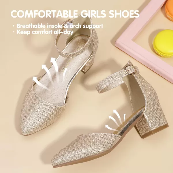 Hehainom Girls Dress Shoes High Heels Sandals Ankle Strap Flower Girl Little Big Kid Mary Jane Wedding Party Communion Mily Pump ShoesGold Glitter
