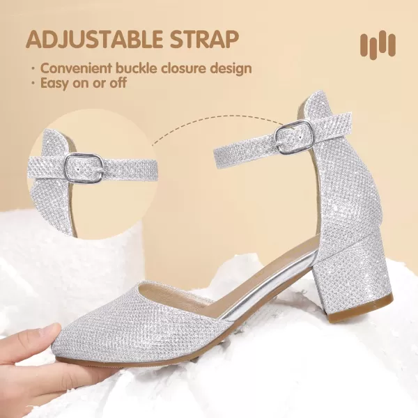 Hehainom Girls Dress Shoes High Heels Sandals Ankle Strap Flower Girl Little Big Kid Mary Jane Wedding Party Communion Mily Pump ShoesSilver Glitter