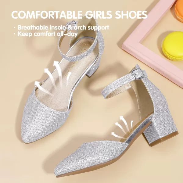 Hehainom Girls Dress Shoes High Heels Sandals Ankle Strap Flower Girl Little Big Kid Mary Jane Wedding Party Communion Mily Pump ShoesSilver Glitter