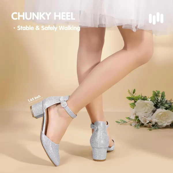 Hehainom Girls Dress Shoes High Heels Sandals Ankle Strap Flower Girl Little Big Kid Mary Jane Wedding Party Communion Mily Pump ShoesSilver Glitter