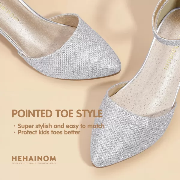 Hehainom Girls Dress Shoes High Heels Sandals Ankle Strap Flower Girl Little Big Kid Mary Jane Wedding Party Communion Mily Pump ShoesSilver Glitter