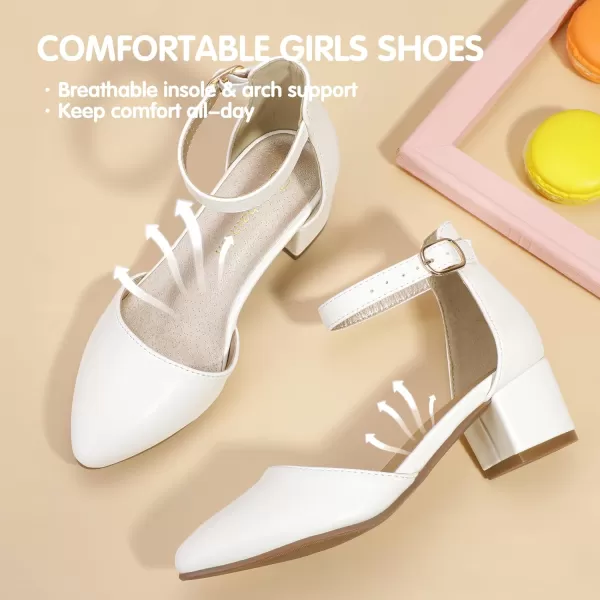 Hehainom Girls Dress Shoes High Heels Sandals Ankle Strap Flower Girl Little Big Kid Mary Jane Wedding Party Communion Mily Pump ShoesWhite Pu