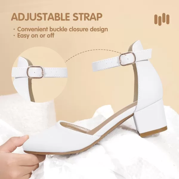 Hehainom Girls Dress Shoes High Heels Sandals Ankle Strap Flower Girl Little Big Kid Mary Jane Wedding Party Communion Mily Pump ShoesWhite Pu