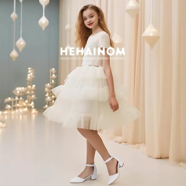 Hehainom Girls Dress Shoes High Heels Sandals Ankle Strap Flower Girl Little Big Kid Mary Jane Wedding Party Communion Mily Pump ShoesWhite Pu