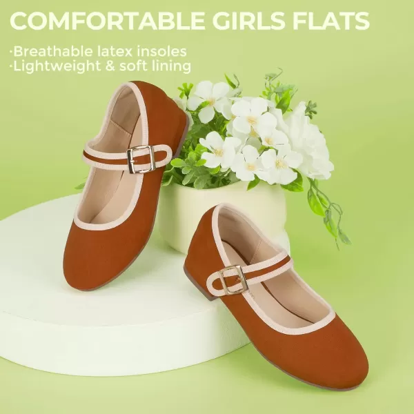 Hehainom Girls Dress Shoes Little Big Kids Mary Jane School Wedding Party Shoes Ballerina Girls FlatsBrownsuede