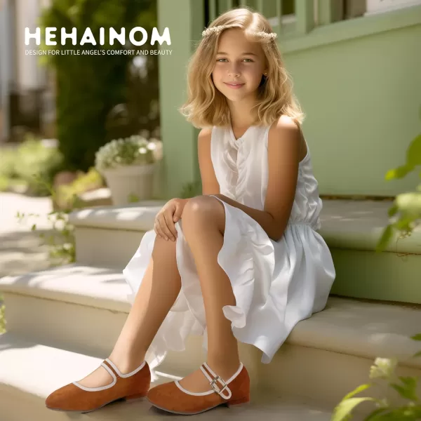Hehainom Girls Dress Shoes Little Big Kids Mary Jane School Wedding Party Shoes Ballerina Girls FlatsBrownsuede
