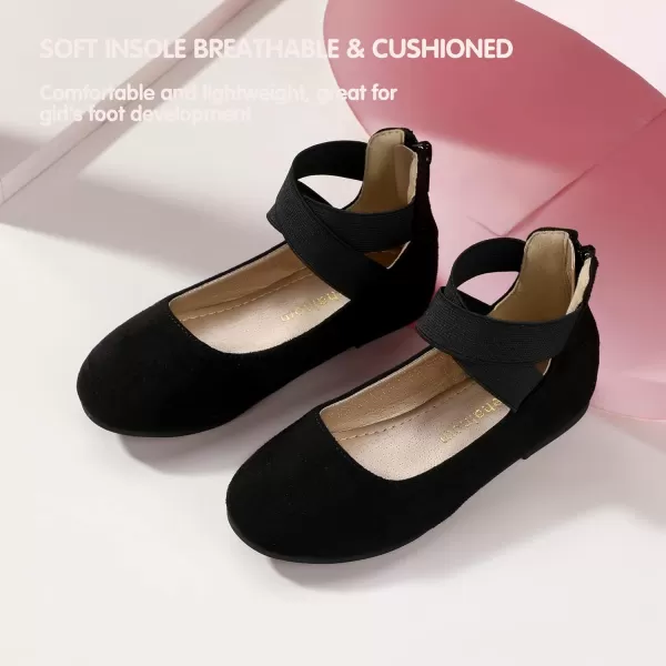 Hehainom Girls Dress Shoes Toddler Little Kids Gracy Ballet Mary Jane Ballerina Flats with Elastic Ankle StrapBlack Suede