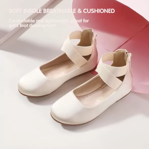 Hehainom Girls Dress Shoes Toddler Little Kids Gracy Ballet Mary Jane Ballerina Flats with Elastic Ankle StrapIvory Satin
