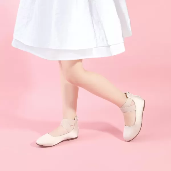 Hehainom Girls Dress Shoes Toddler Little Kids Gracy Ballet Mary Jane Ballerina Flats with Elastic Ankle StrapIvory Satin