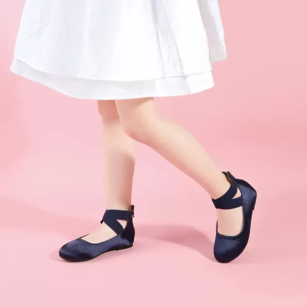 Hehainom Girls Dress Shoes Toddler Little Kids Gracy Ballet Mary Jane Ballerina Flats with Elastic Ankle StrapNavy Satin