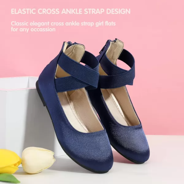 Hehainom Girls Dress Shoes Toddler Little Kids Gracy Ballet Mary Jane Ballerina Flats with Elastic Ankle StrapNavy Satin