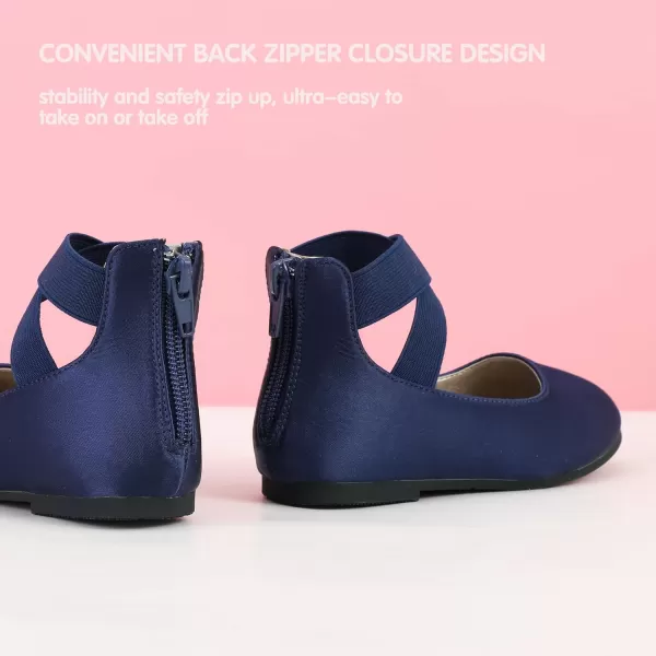 Hehainom Girls Dress Shoes Toddler Little Kids Gracy Ballet Mary Jane Ballerina Flats with Elastic Ankle StrapNavy Satin