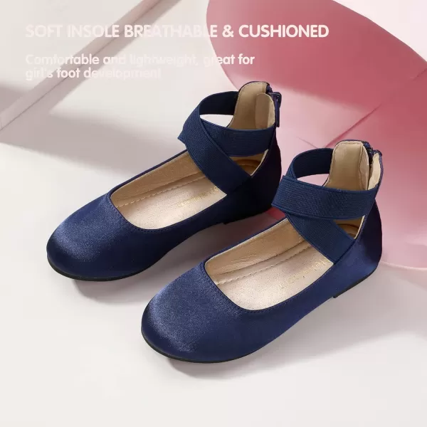 Hehainom Girls Dress Shoes Toddler Little Kids Gracy Ballet Mary Jane Ballerina Flats with Elastic Ankle StrapNavy Satin