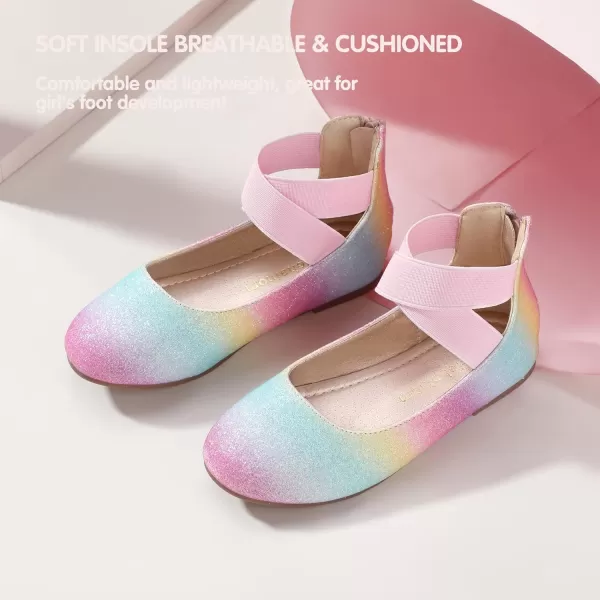 Hehainom Girls Dress Shoes Toddler Little Kids Gracy Ballet Mary Jane Ballerina Flats with Elastic Ankle StrapRainbow Glitter