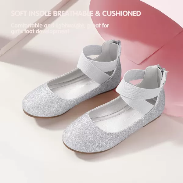 Hehainom Girls Dress Shoes Toddler Little Kids Gracy Ballet Mary Jane Ballerina Flats with Elastic Ankle StrapSilver Glitter