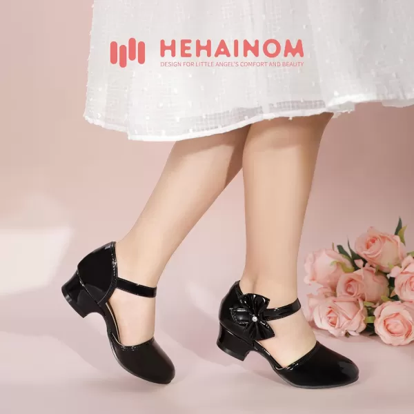 Hehainom Girls Sandals Sequins Princess Dress Shoes Closed Toe Low Heels for Toddler Little Big Kid Flower Wedding Party Pump ShoesB Black Patent