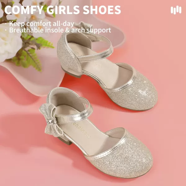 Hehainom Girls Sandals Sequins Princess Dress Shoes Closed Toe Low Heels for Toddler Little Big Kid Flower Wedding Party Pump ShoesB Gold Glitter