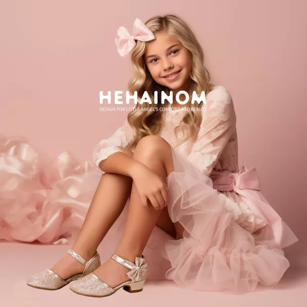 Hehainom Girls Sandals Sequins Princess Dress Shoes Closed Toe Low Heels for Toddler Little Big Kid Flower Wedding Party Pump ShoesB Gold Glitter