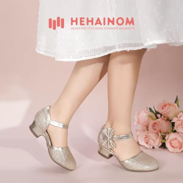 Hehainom Girls Sandals Sequins Princess Dress Shoes Closed Toe Low Heels for Toddler Little Big Kid Flower Wedding Party Pump ShoesB Gold Glitter