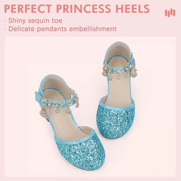 Hehainom Girls Sandals Sequins Princess Dress Shoes Closed Toe Low Heels for Toddler Little Big Kid Flower Wedding Party Pump ShoesBluesequin