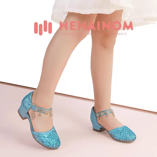 Hehainom Girls Sandals Sequins Princess Dress Shoes Closed Toe Low Heels for Toddler Little Big Kid Flower Wedding Party Pump ShoesBluesequin