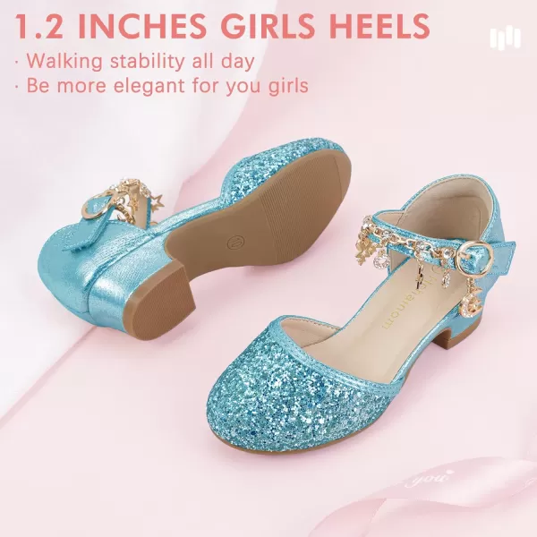 Hehainom Girls Sandals Sequins Princess Dress Shoes Closed Toe Low Heels for Toddler Little Big Kid Flower Wedding Party Pump ShoesBluesequin