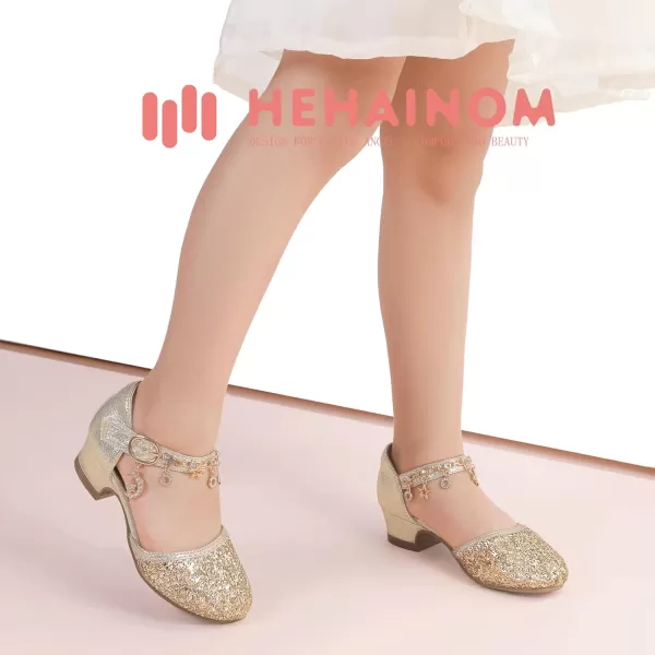 Hehainom Girls Sandals Sequins Princess Dress Shoes Closed Toe Low Heels for Toddler Little Big Kid Flower Wedding Party Pump ShoesGoldsequin