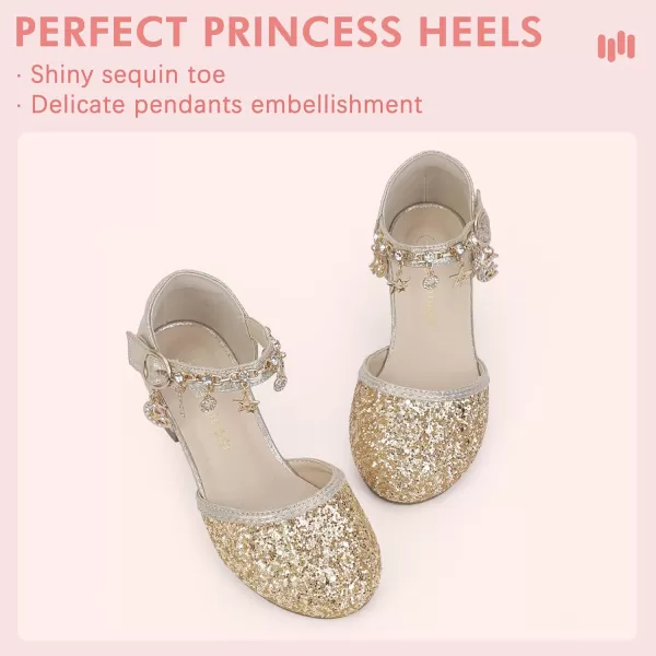Hehainom Girls Sandals Sequins Princess Dress Shoes Closed Toe Low Heels for Toddler Little Big Kid Flower Wedding Party Pump ShoesGoldsequin