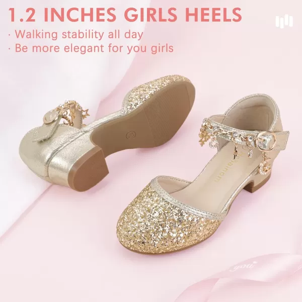 Hehainom Girls Sandals Sequins Princess Dress Shoes Closed Toe Low Heels for Toddler Little Big Kid Flower Wedding Party Pump ShoesGoldsequin
