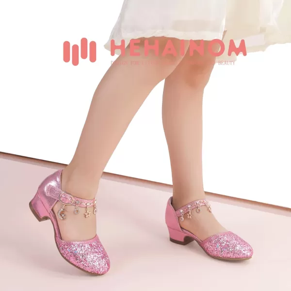 Hehainom Girls Sandals Sequins Princess Dress Shoes Closed Toe Low Heels for Toddler Little Big Kid Flower Wedding Party Pump ShoesPinksequin