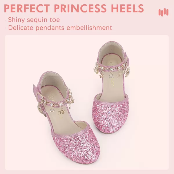 Hehainom Girls Sandals Sequins Princess Dress Shoes Closed Toe Low Heels for Toddler Little Big Kid Flower Wedding Party Pump ShoesPinksequin