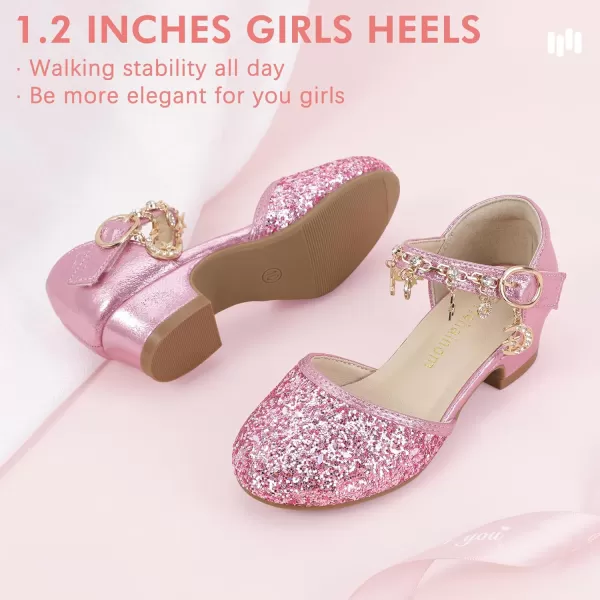 Hehainom Girls Sandals Sequins Princess Dress Shoes Closed Toe Low Heels for Toddler Little Big Kid Flower Wedding Party Pump ShoesPinksequin