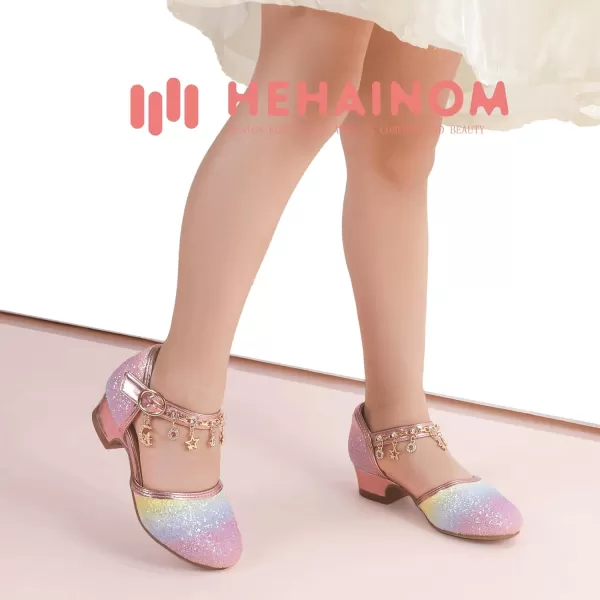 Hehainom Girls Sandals Sequins Princess Dress Shoes Closed Toe Low Heels for Toddler Little Big Kid Flower Wedding Party Pump ShoesRainbowsequin