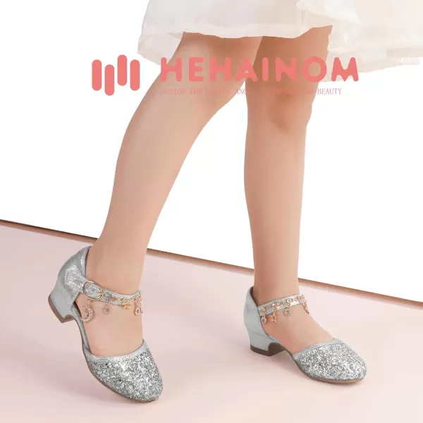Hehainom Girls Sandals Sequins Princess Dress Shoes Closed Toe Low Heels for Toddler Little Big Kid Flower Wedding Party Pump ShoesSilversequin