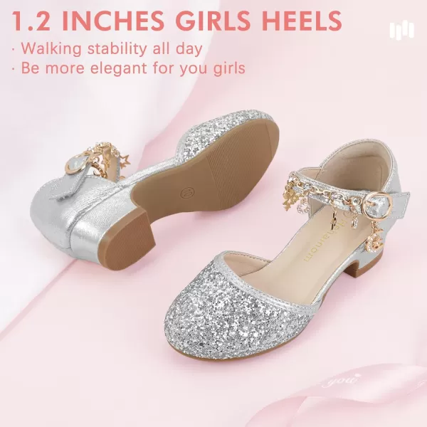 Hehainom Girls Sandals Sequins Princess Dress Shoes Closed Toe Low Heels for Toddler Little Big Kid Flower Wedding Party Pump ShoesSilversequin