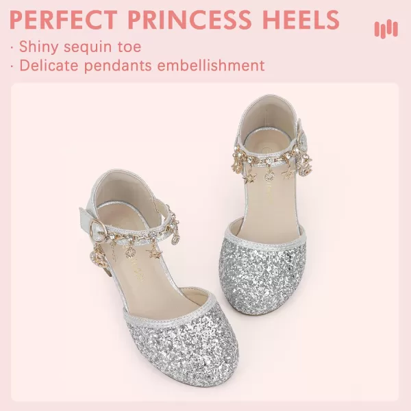 Hehainom Girls Sandals Sequins Princess Dress Shoes Closed Toe Low Heels for Toddler Little Big Kid Flower Wedding Party Pump ShoesSilversequin
