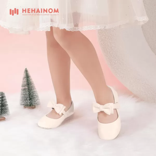 Hehainom Toddler Flower Girls Dress Shoes Mary Jane Princess Ballet Flats with Bow and Peals for Party SchoolAlisa Beige Pu