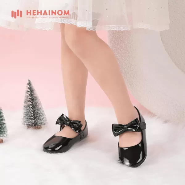 Hehainom Toddler Flower Girls Dress Shoes Mary Jane Princess Ballet Flats with Bow and Peals for Party SchoolAlisa Black Patent