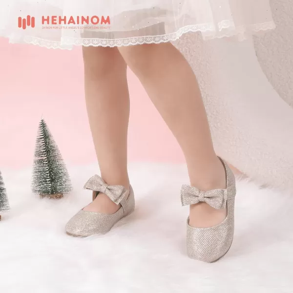 Hehainom Toddler Flower Girls Dress Shoes Mary Jane Princess Ballet Flats with Bow and Peals for Party SchoolAlisa Gold Glitter