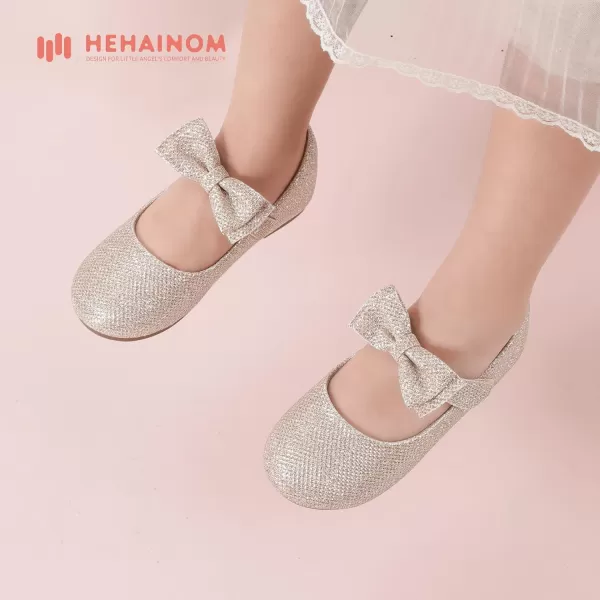 Hehainom Toddler Flower Girls Dress Shoes Mary Jane Princess Ballet Flats with Bow and Peals for Party SchoolAlisa Gold Glitter