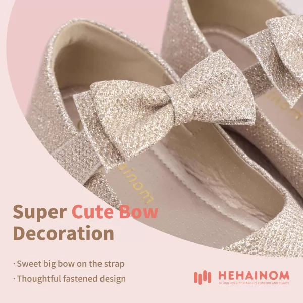 Hehainom Toddler Flower Girls Dress Shoes Mary Jane Princess Ballet Flats with Bow and Peals for Party SchoolAlisa Gold Glitter