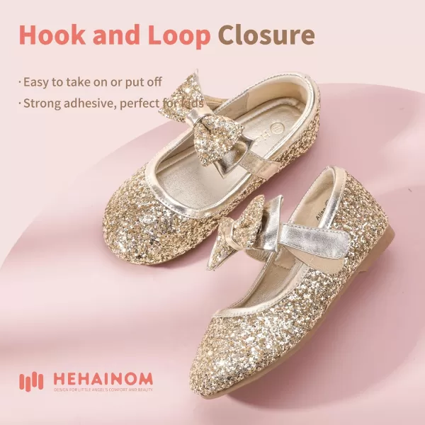 Hehainom Toddler Flower Girls Dress Shoes Mary Jane Princess Ballet Flats with Bow and Peals for Party SchoolAlisa Gold Sequin