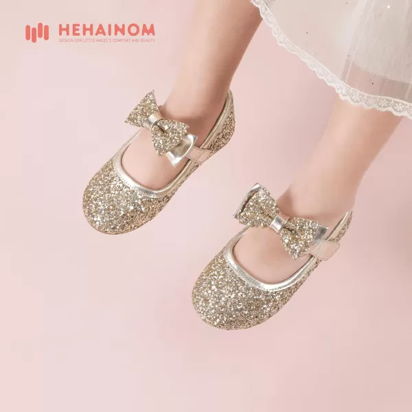 Hehainom Toddler Flower Girls Dress Shoes Mary Jane Princess Ballet Flats with Bow and Peals for Party SchoolAlisa Gold Sequin