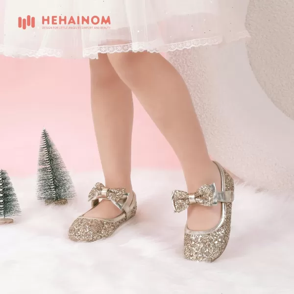 Hehainom Toddler Flower Girls Dress Shoes Mary Jane Princess Ballet Flats with Bow and Peals for Party SchoolAlisa Gold Sequin