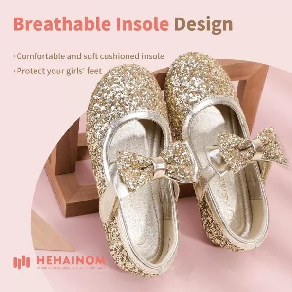 Hehainom Toddler Flower Girls Dress Shoes Mary Jane Princess Ballet Flats with Bow and Peals for Party SchoolAlisa Gold Sequin