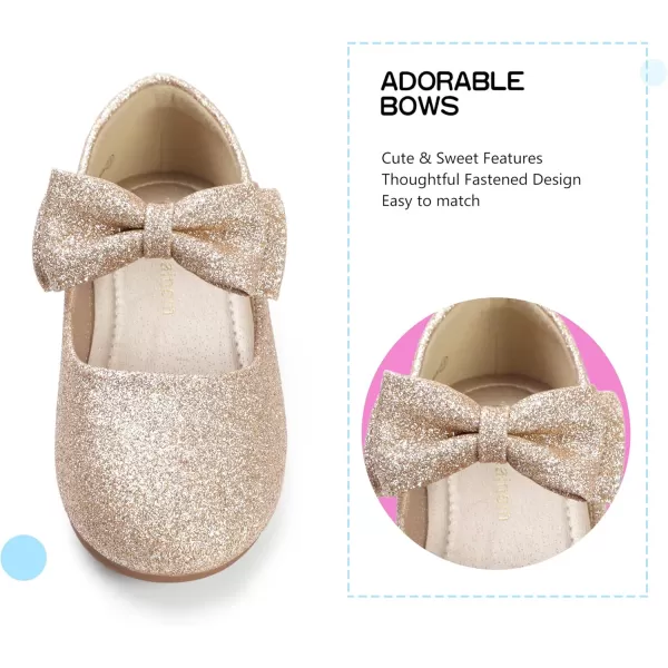 Hehainom Toddler Flower Girls Dress Shoes Mary Jane Princess Ballet Flats with Bow and Peals for Party SchoolAlisa Gold Shiny