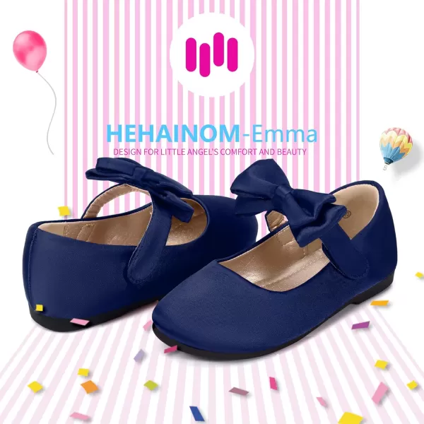 Hehainom Toddler Flower Girls Dress Shoes Mary Jane Princess Ballet Flats with Bow and Peals for Party SchoolAlisa Navy Satin