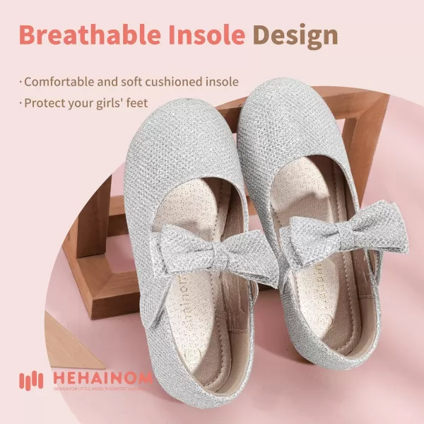 Hehainom Toddler Flower Girls Dress Shoes Mary Jane Princess Ballet Flats with Bow and Peals for Party SchoolAlisa Silver Glitter
