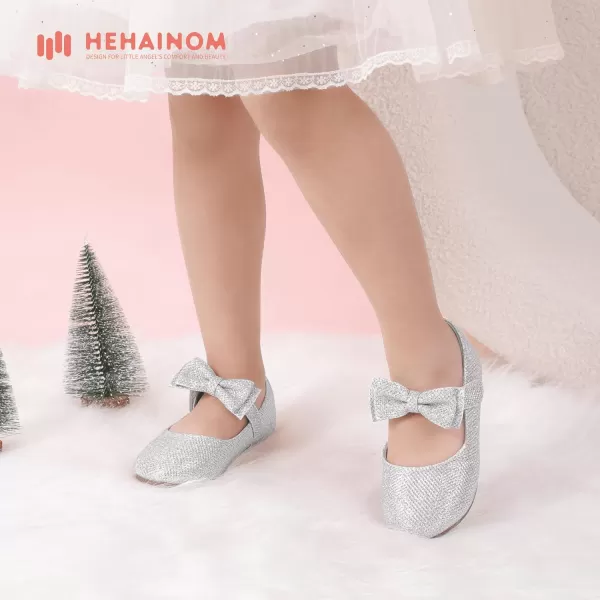 Hehainom Toddler Flower Girls Dress Shoes Mary Jane Princess Ballet Flats with Bow and Peals for Party SchoolAlisa Silver Glitter