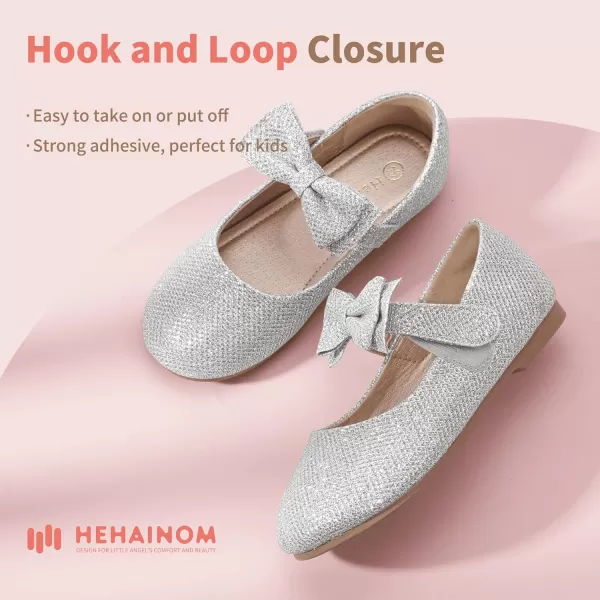 Hehainom Toddler Flower Girls Dress Shoes Mary Jane Princess Ballet Flats with Bow and Peals for Party SchoolAlisa Silver Glitter